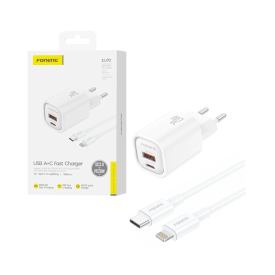 Carregador Foneng EU70 2 Portas USB-A+Tipo-C PD 20W com cabo Tipo-C para Lightning Branco